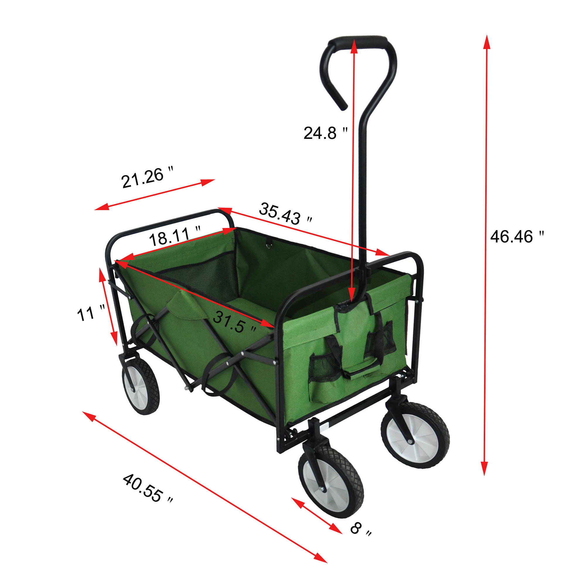 Beach Wagons with Big Wheels for Sand, Sturdy Steel Frame Collapsible Wagon, Foldable Wagon, Grocery Wagon with 3 Side Storage Bags, 2 Mesh Cup Holders, Elastic Rope, Adjustable Handle, Green, Q3808 - image 4 of 12