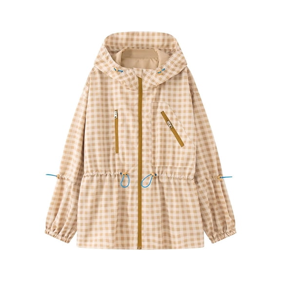 Lnmiateer Womens Lightweight Plaid Waterproof Hooded Rain Jacket Zip Front Drawstring Cinched Waist Windbreaker with Pockets Camping Outerwear