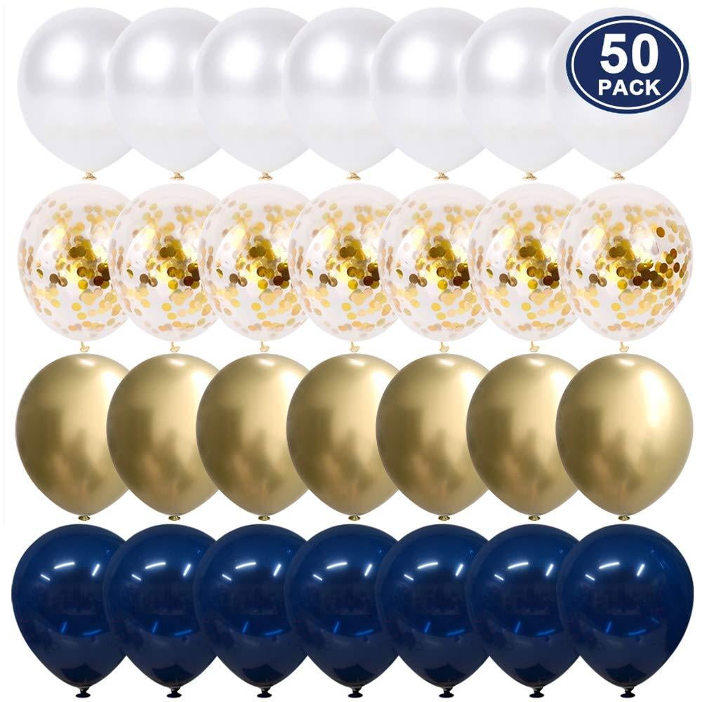 Navy Blue and Gold Confetti Balloons, 50 pcs 12 inch Pearl White and Gold Metallic Chrome Birthday Balloons for Celebration 2019 graduation party balloons