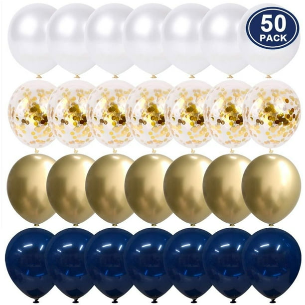Navy Blue and Gold Confetti Balloons, 50 pcs 12 inch Pearl White and Gold Metallic Chrome