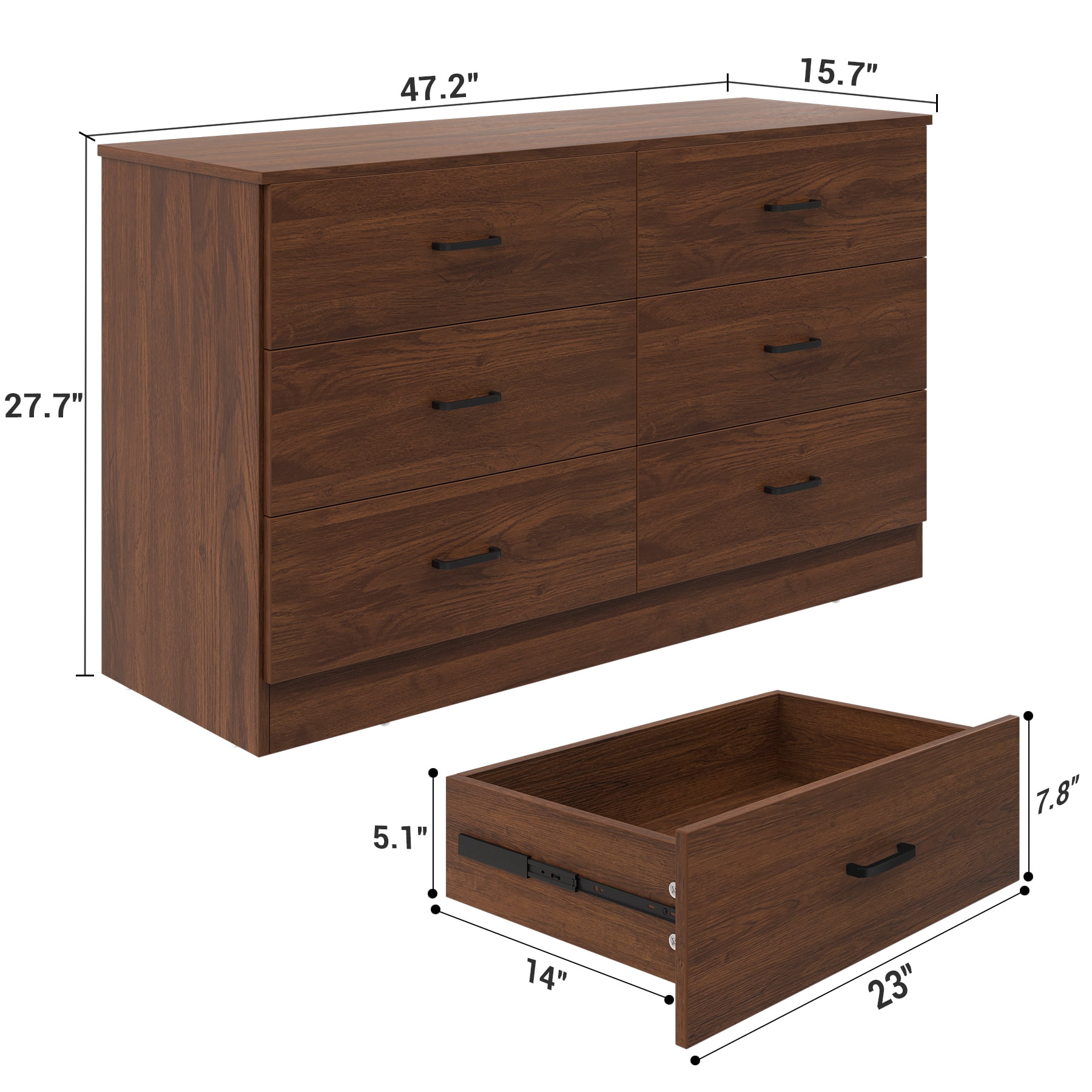 Frmobepts Wood Dresser for Bedroom, 6 Drawer Dresser, 15.8" D x 47.2" W x 27.7" H, Walnut Brown