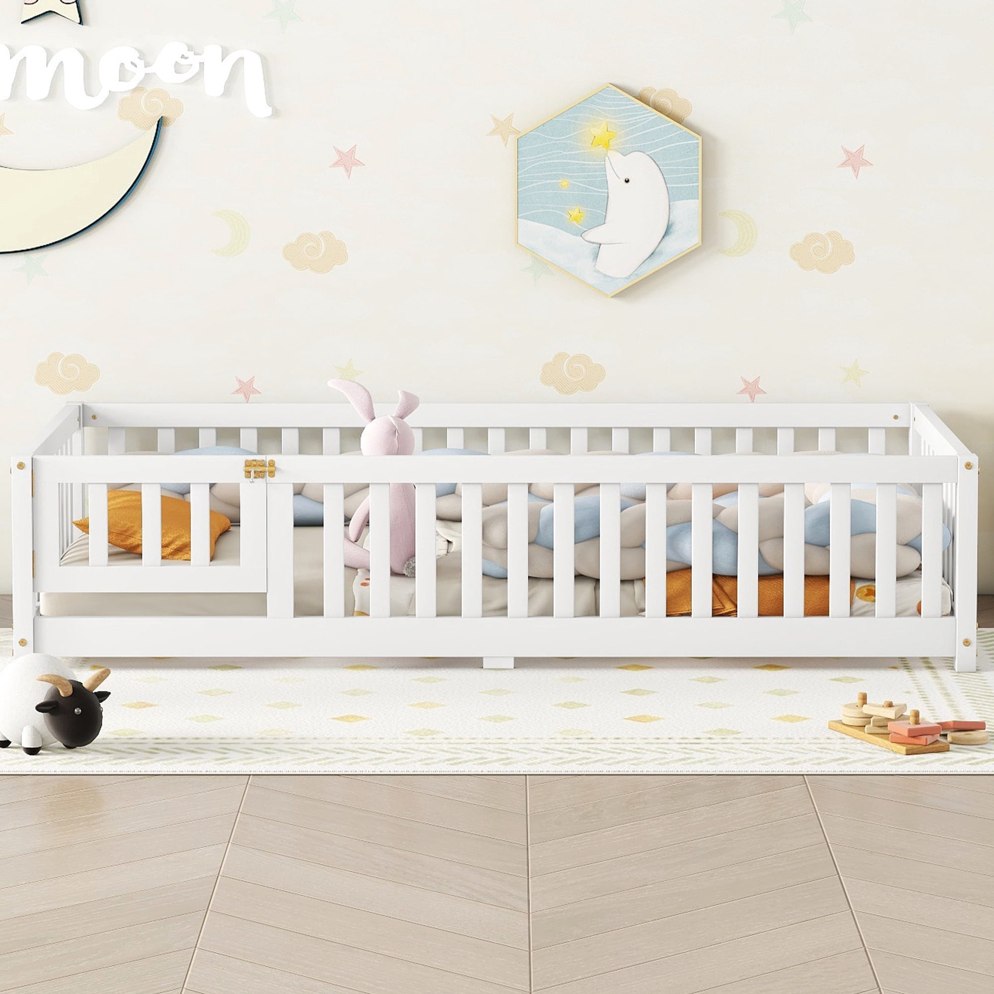 Floor Bed with Safety Rails & Fun Door, Low Profile Bed, Gray Solid Pine Wood, Easy Assembly,Twin Size