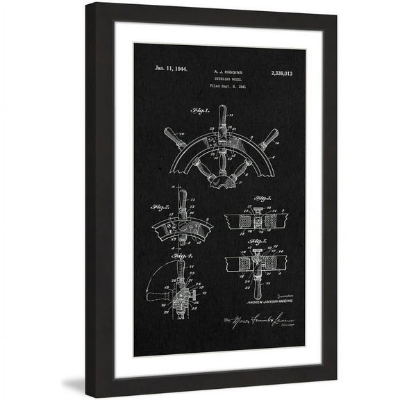 "Boat Steering Wheel 1941 Black Paper" Framed Painting Art Print, 12" x 1.5"
