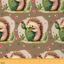 Homewish Kawaii Brown Hedgehog Fabric by the Yard 2 Yards, Western Cactus Plant Sewing Fabric, Cartoon Cute Animal Fabric for Sewing, Breathable Home Decor