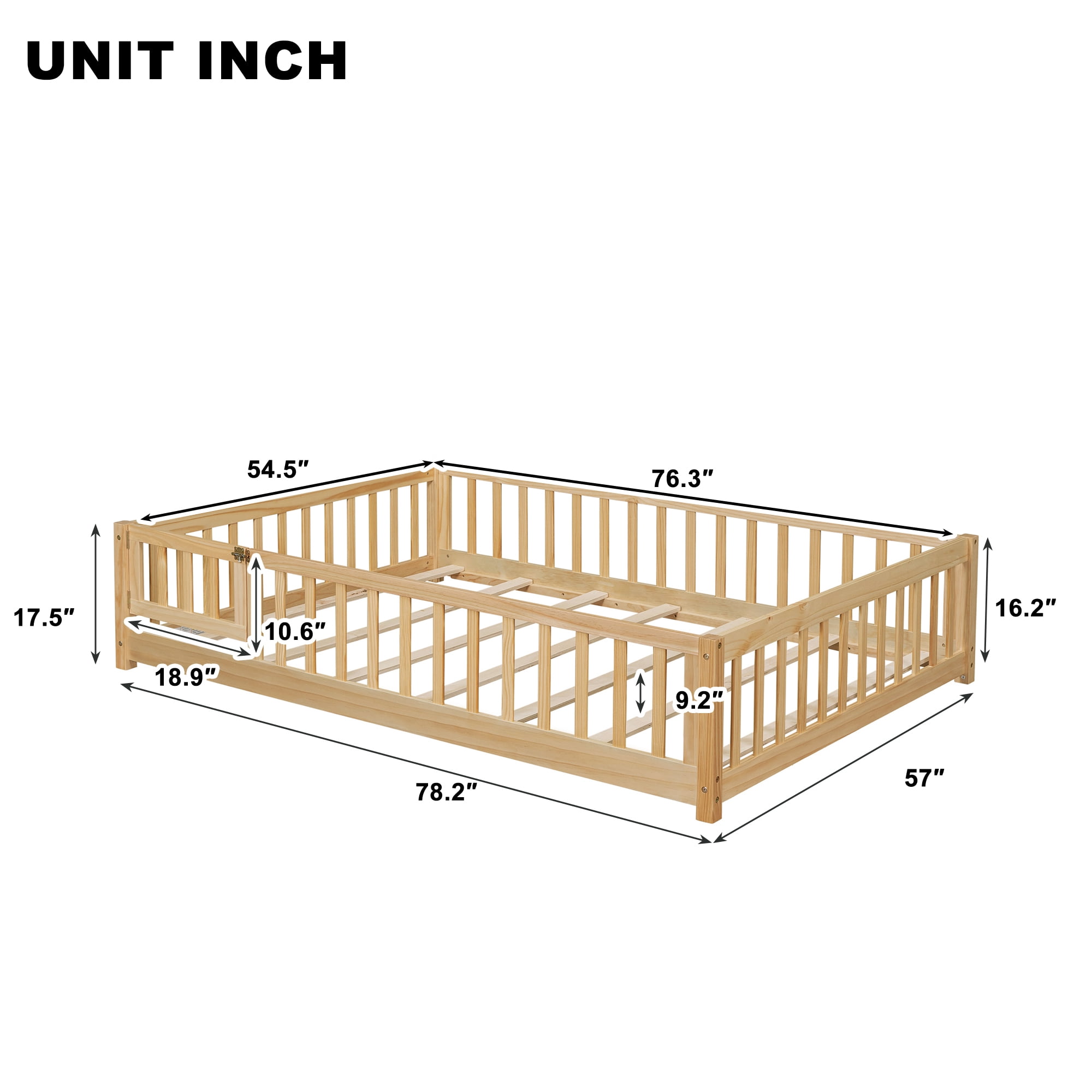 Alvantor Full Size Montessori Floor Bed for Kids with Door and Fence, Rubber Wood Toddler Platform Bed Frame, No Box Spring Needed, Natural