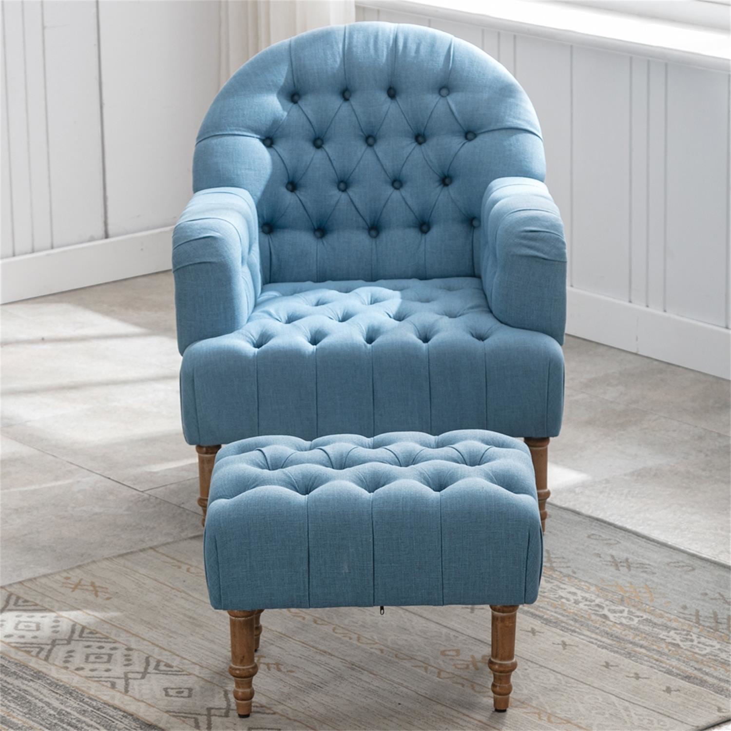 Kadyn Arm Chair for Bedroom, Mid Century Accent Chair with Linen Fabric and Ottoman, Button-Tufted Upholstered Chair Set, Blue