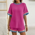 thumbnail image 6 of Short Sets for Women 2 Piece Knit Beach Vacation Color Block Crew Neck T Shirt Shorts Summer Lounge Sets, 6 of 7