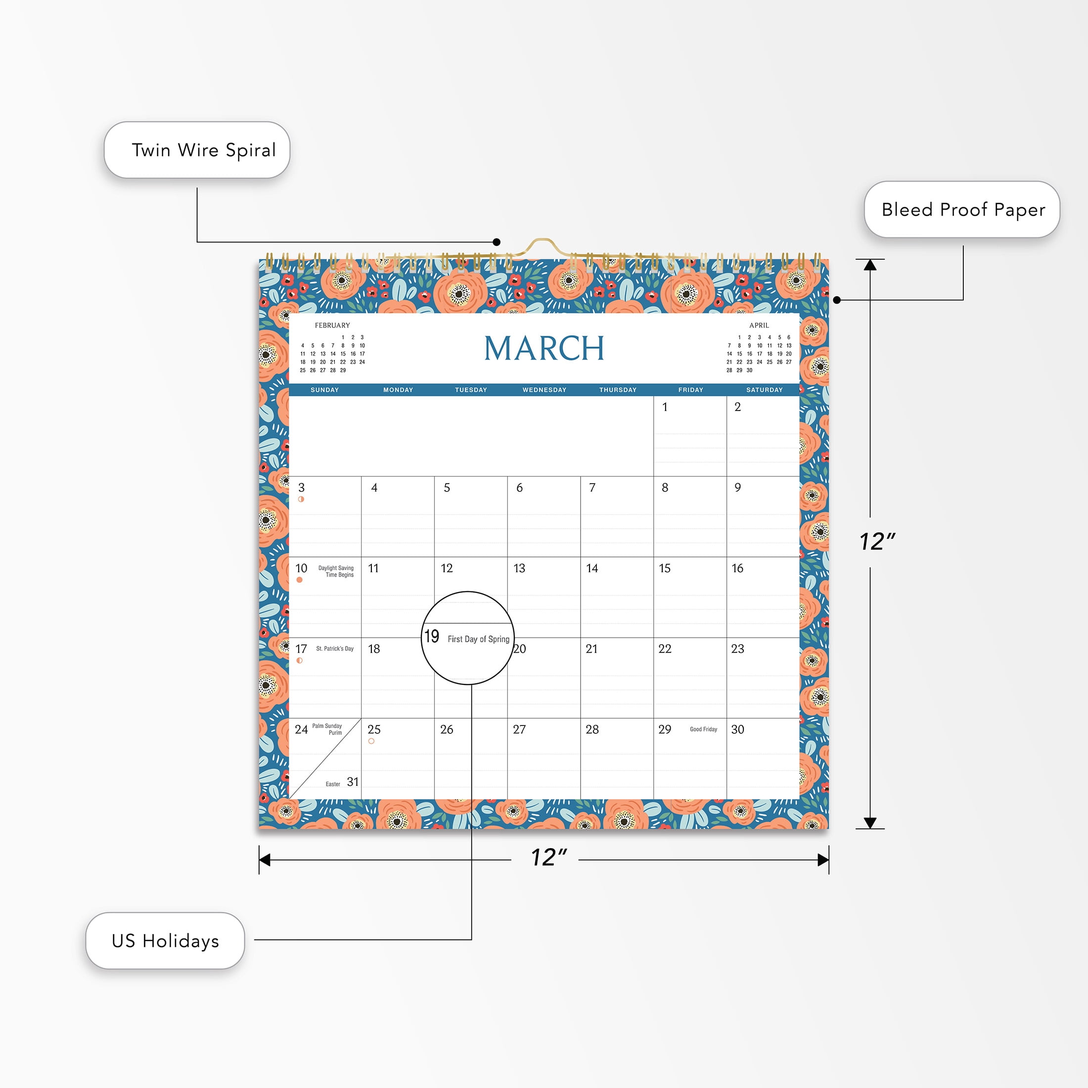 2024- 12 Month Calendar-Floral Border-12x12 Spiral bound -by Pen+Gear