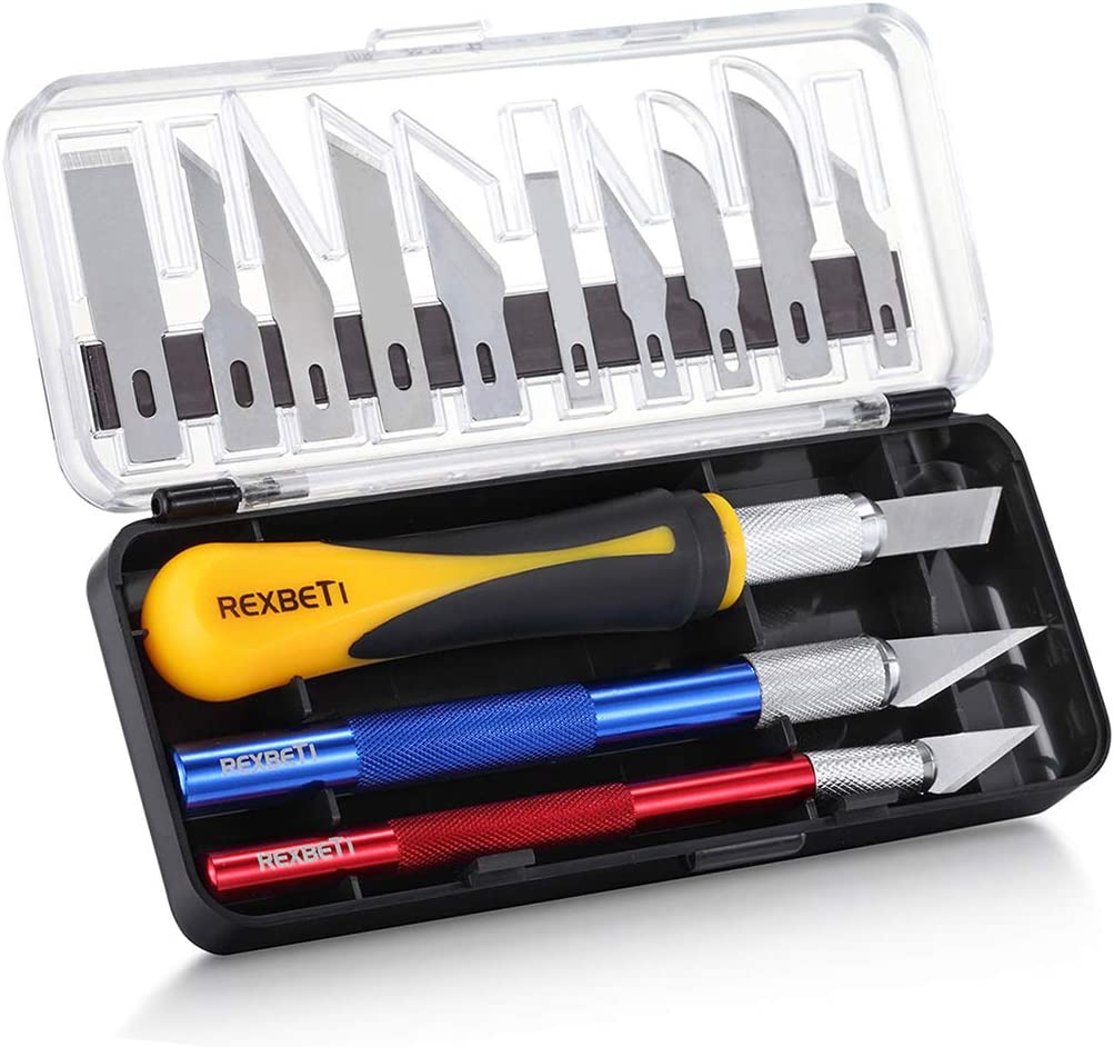 REXBETI 16 Piece Precision Hobby Craft Knife Set, with 10 Piece Refill
