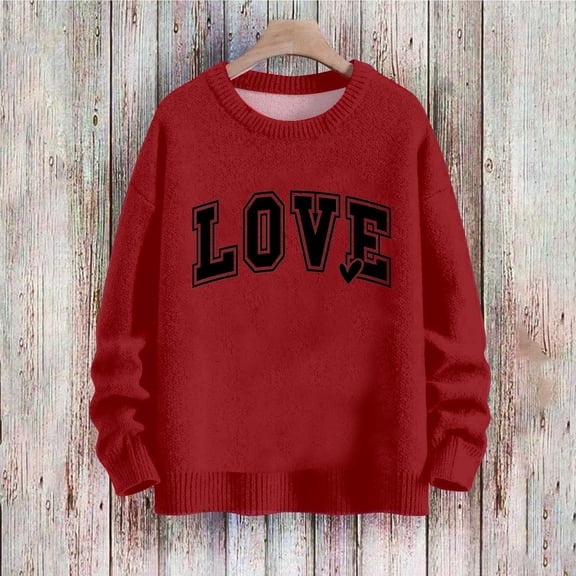 Ounisa Long Sleeve Shirts for Women Crewneck Valentine's Day T Shirts Love Heart Words Printed Tee Tops Fashionable Pullover Tops