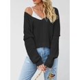 thumbnail image 4 of Women Casual V Neck Solid Color Long Sleeve Off Shoulder Loose Crop Pullover Sweater Tops, 4 of 8