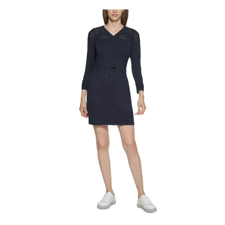 CALVIN KLEIN Womens Navy Stretch Ribbed Tie Pointelle-trim 3/4 Sleeve V Neck Short Sweater Dress Petites PS