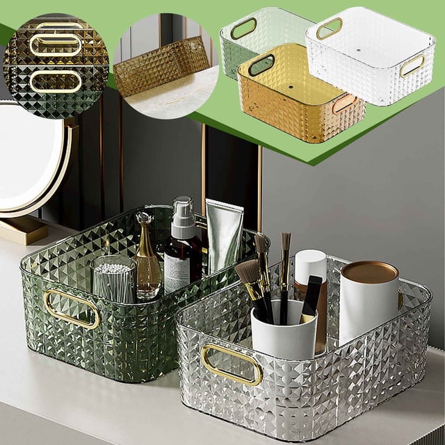 Xihbxyly Caja de Almacenamiento de Escritorio, Organizador de Cosméticos Transparente, Cesta Versátil para Baño y Cocina, Diseño Apilable y Portátil, Multiusos, para Oficina y Despensa, 28 X 22 X 11