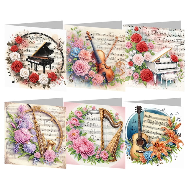 Pintura Diamantes Tarjeta Felicitación Daily Wish Card Kit 6 PCS Instrumento Musical Y Regalos Flores para Amigos Amantes La Familia
