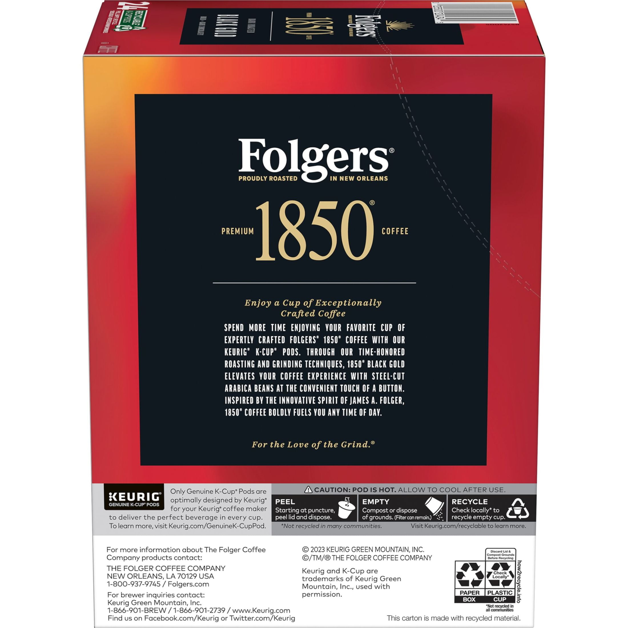 1850 Black Gold, Dark Roast Coffee, Keurig K Cup Pods, 24 Count Box