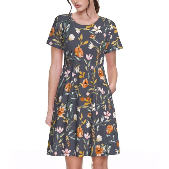 Kdxio Wildflowers Print Women's Casual T Shirt Dress Summer Short Sleeve Swing Dresses with Pockets