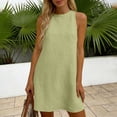 thumbnail image 6 of Mini Dress for Women 2026 Solid Linen Crew Neck Summer Vacation Going Out Cute Short Dress Green XS, 6 of 6