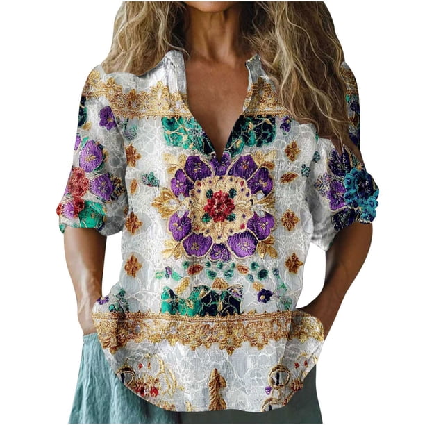 Vestidos Casuales Para Mujer, Blusas De Mujer De Moda Camisa informal de lino con estampado floral bohemio para mujer, cuello en V y mangas 3/4