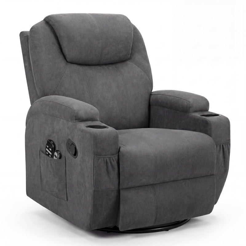 Vineego Massage Swivel Rocker Recliner with PU Leather Fabric Small Spaces Lounge Chair with Two Cup Holder for Bed Room,Linen Gray