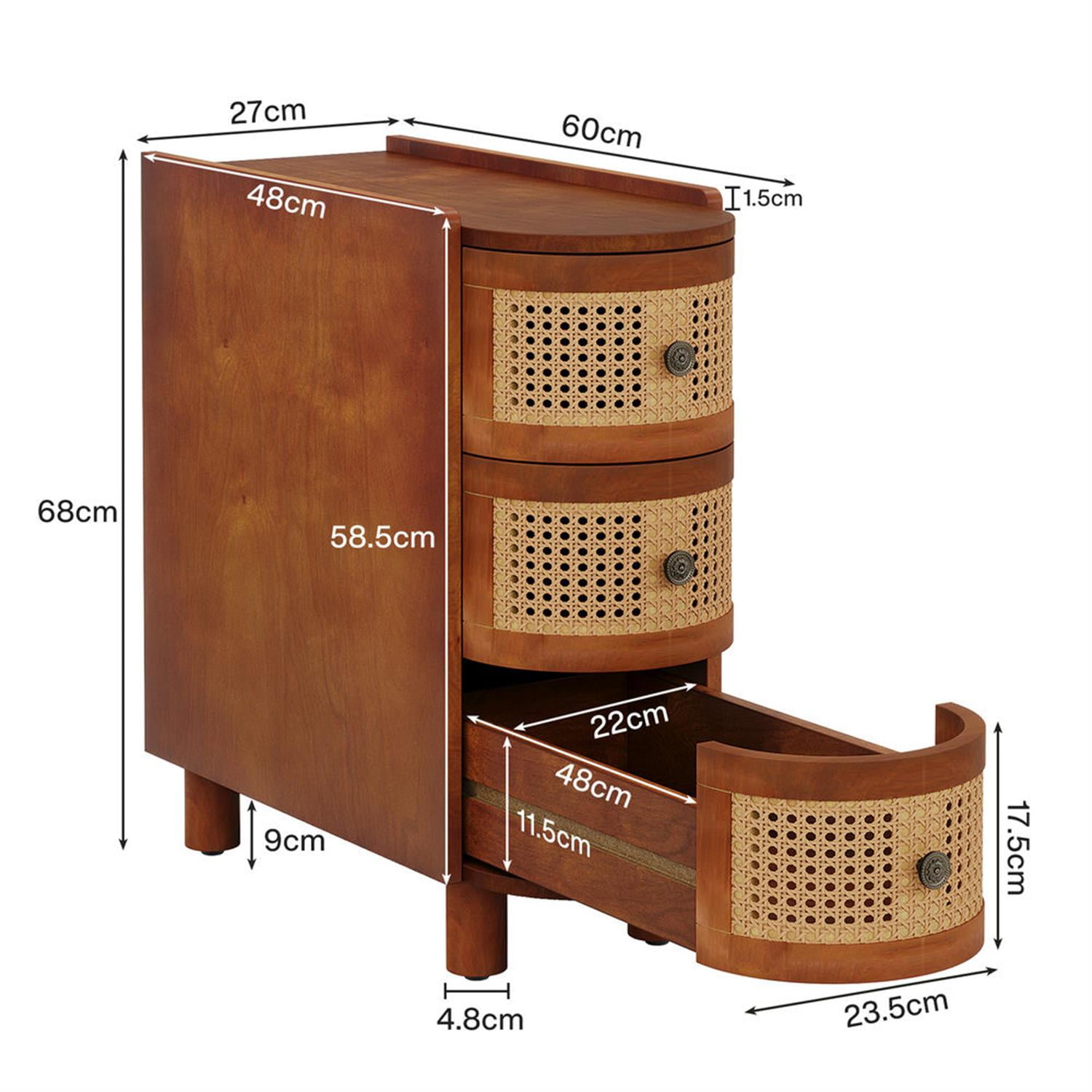 Demi Bonn 26" Wood Nightstand with 3-Drawers, Bedside End Table for Bedroom, Modern Rattan Side Table with Storage, Brown