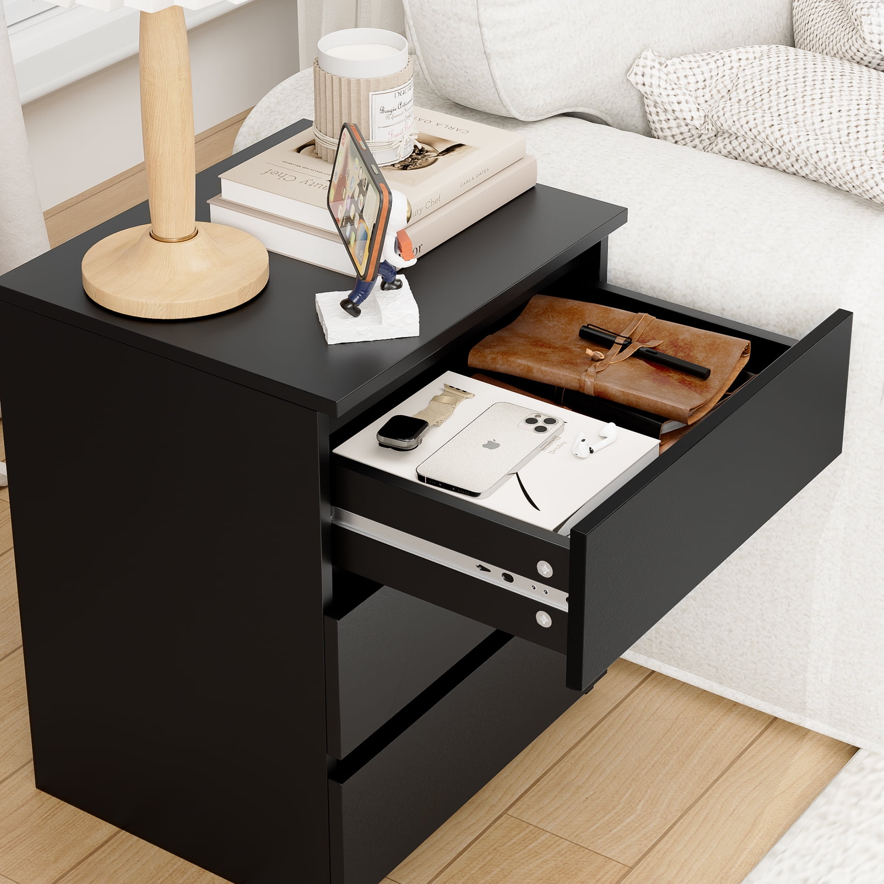 Homfa 3 Drawers Nightstand, Small Sofa Table, Wooden Storage Cabinet for Living Room, Black Finish
