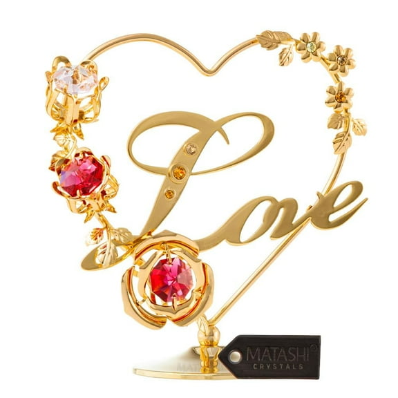 Matashi 24K Gold Plated Double Heart Ornament with Red Crystals – 1 Count, Tabletop Decoration
