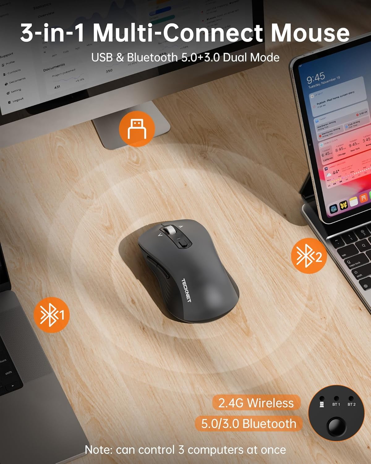 Wireless Bluetooth Mouse, [USB + BT1 + BT2] Silent Click,4-Way Scroll Wheel Wireless Mouse for Laptop, Full-Size, 4800 DPI Computer Mice, Dual Mode for Laptop, PC, iPad, MacBook - Grey