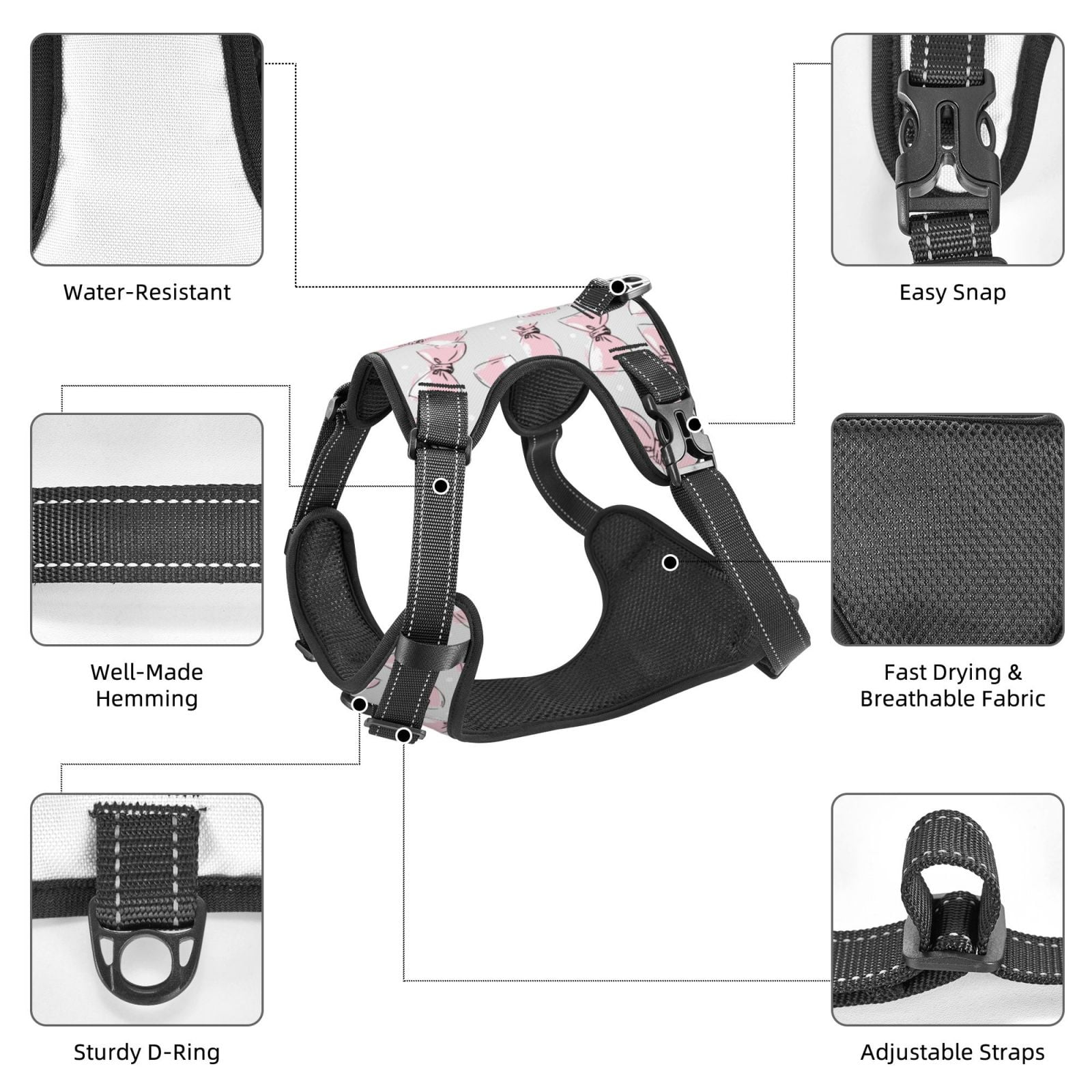 Vsdgher Cute Bow Tie Pattern Dog Harness,No Pull Pet Harness with Soft Padded Handle,Adjustable Reflective Vest with 2 Buckles,4 Slide Buckles,S-XL Large