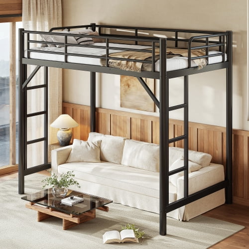 Twin Size Metal Loft Bed, Space-Saving Loft Frame with Easy Climb Ladder and Guardrails, Sturdy Steel High Sleeper for Bedroom, Dorm, Apartment, Black