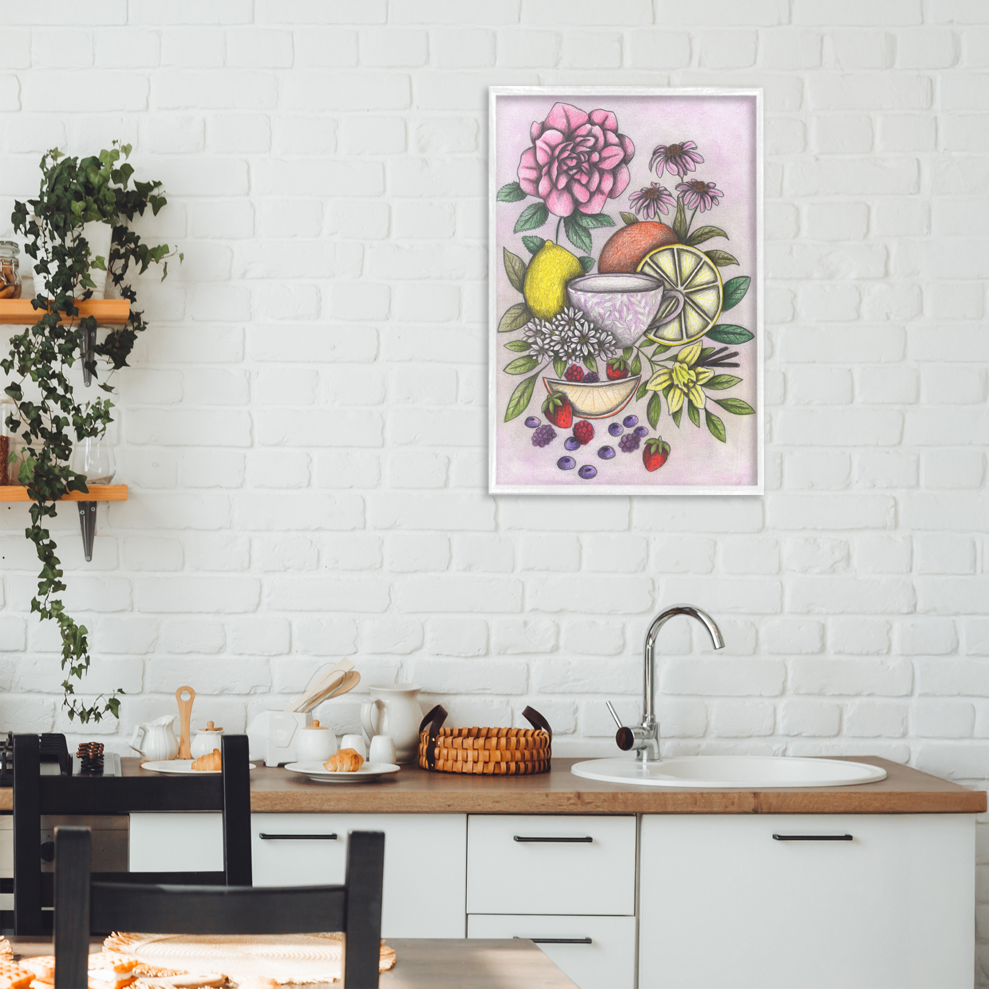 Rococo Tea with Fruits White Framed Giclee Art, design by Cecilia Battaini