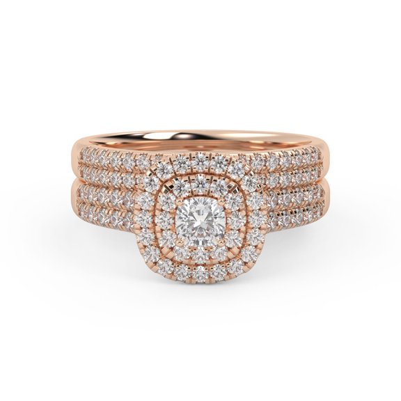 Double Halo Two Row Bridal Set Ring for Women, IGI Certified 0.90 Carat (ctw) Lab Grown Diamond Engagement Wedding Ring In 18K Solid Rose Gold F-G, VS-SI Quality Ring Size-9