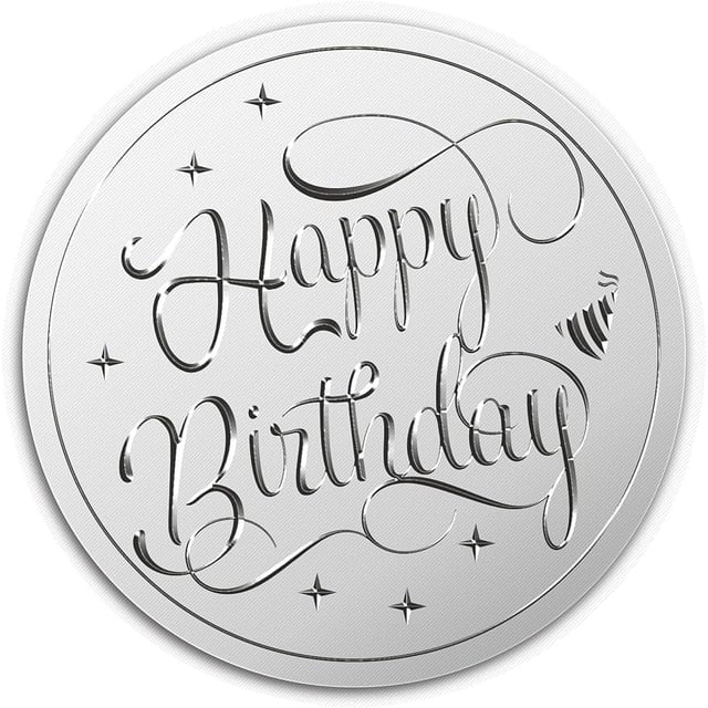 Pegatinas de papel dorado de 2" con texto "Feliz cumpleaños", 100 unidades, sellos para certificados, pegatinas redondas con relieve plateado para sobres, tarjetas de invitación, diplomas, premios,