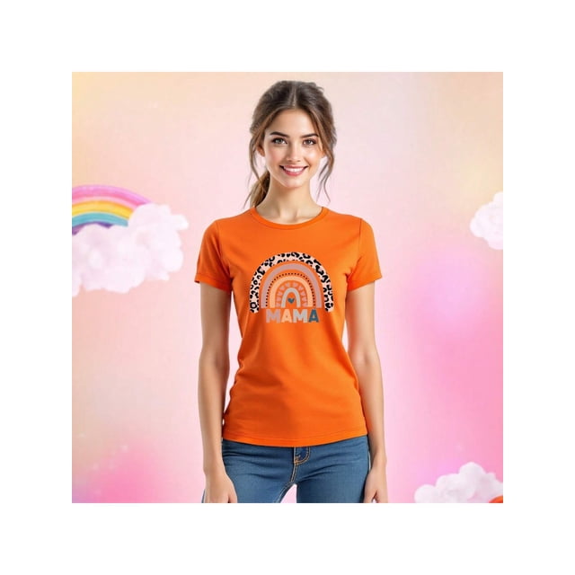 Playera Blusa De Mamá Estilo Arcoiris – Amor, Arcoíris y Corazones en Cada Suspiro Color Anaranjado Talla Mediana Marca Emil SaEs