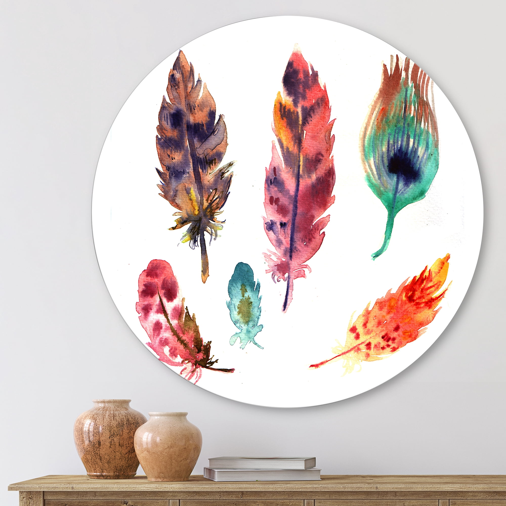 Designart 'Colourful Boho Art Feather Set II' Bohemian & Eclectic Circle Metal Wall Art 23x23 - Disc of 23