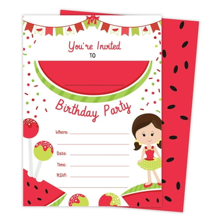 1 Birthday Invitation - Watermelon Fruit 1 Happy Birthday Invitations Invite Cards (25 Count) With Envelopes & Seal Stickers Vinyl Girls Kids Party