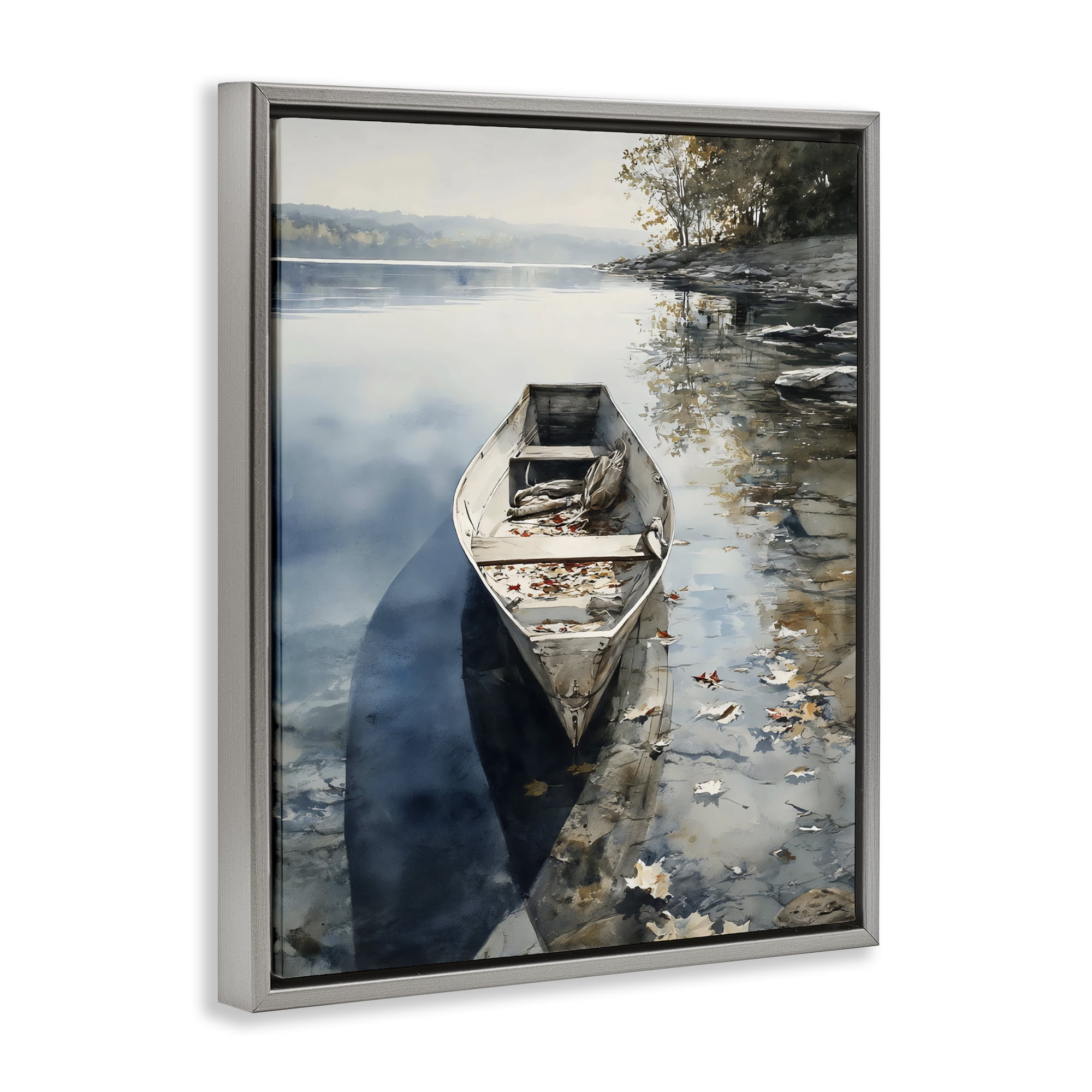 Stupell Industries Boat In The Fall Reflection Gray Framed Floater Canvas Wall Art, design by Franklyn Gregory
