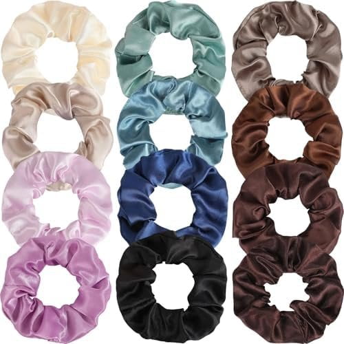 12 count Satin Silk Scrunchies - Soft Hair Ties for Women & Girls, Thick Elastic Ponytail Holders, Hair Bands & Wrist Bracelets, Colors Scrunchies Hair Ties Silk Satin Scrunchy Hair Accessories