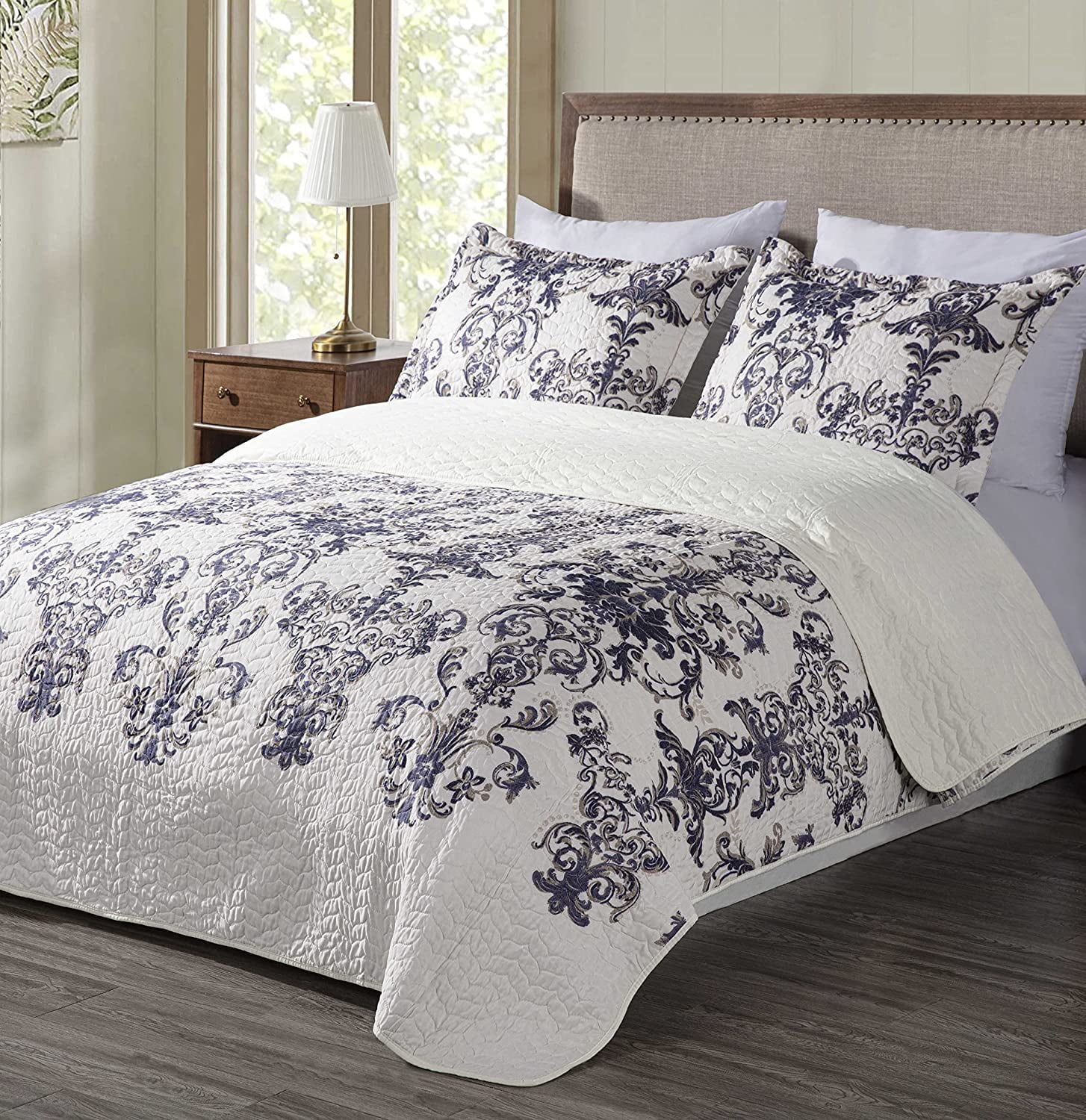 Chezmoi Collection Chloris 3-Piece Pre-Washed Medallion Quilt Set, Printed Floral Microfiber Navy Blue Taupe Light Ivory Bedspread, Queen