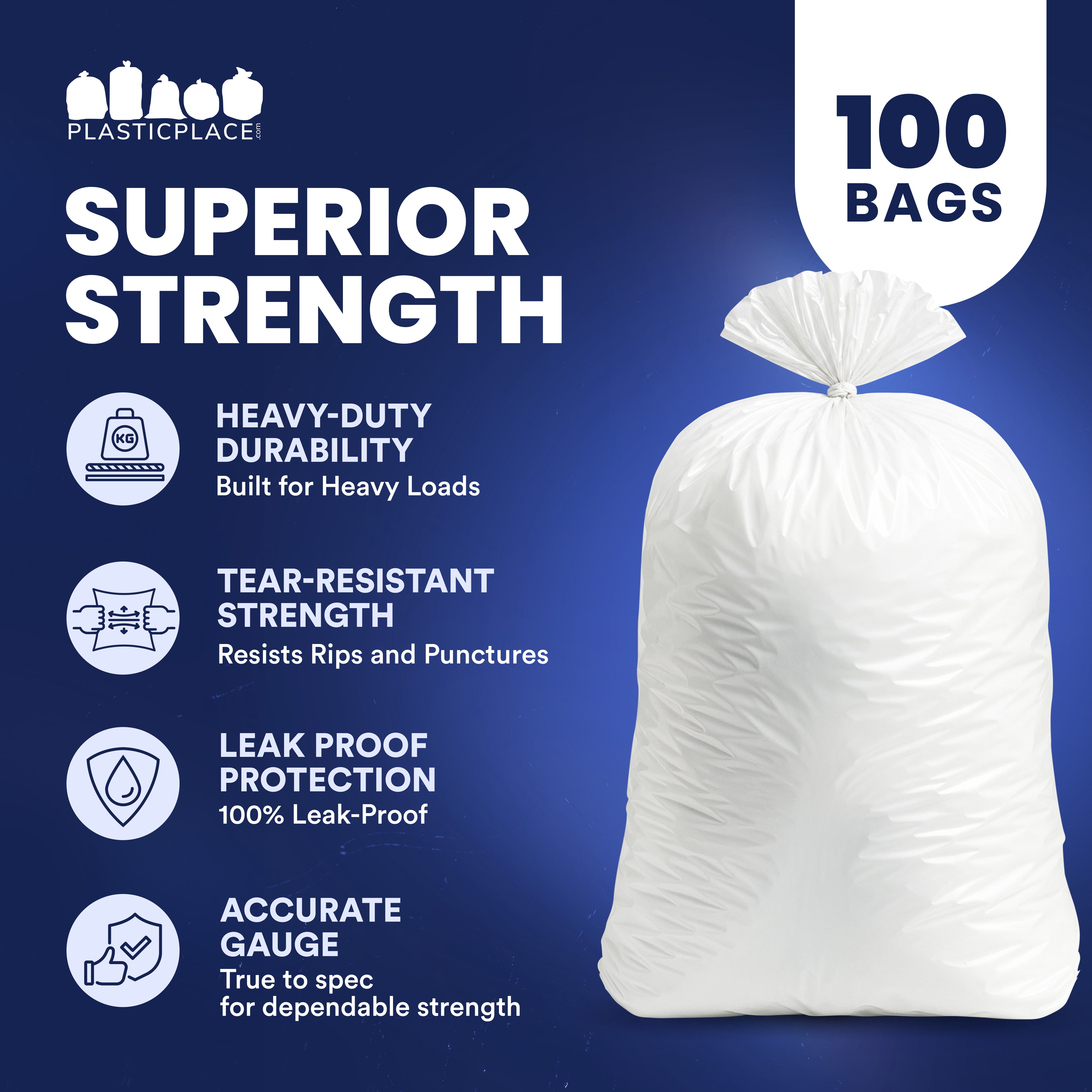 Plasticplace 55-60 Gallon Trash Bags │ 0.7 Mil │Garbage Can Liners │ 38” x 58” (100 Count)