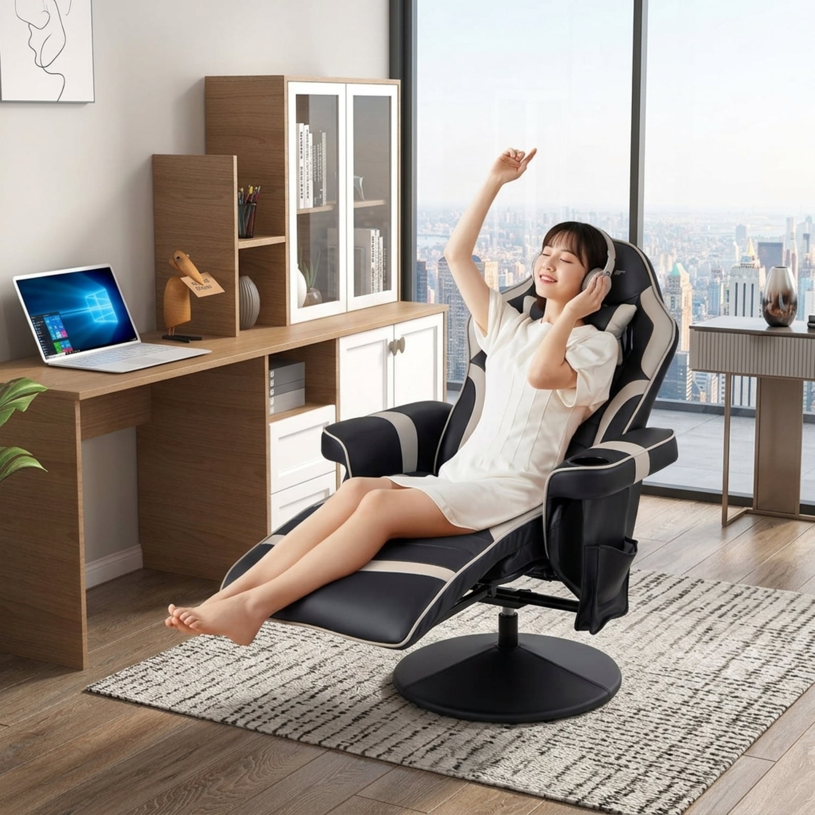 Furnibear Massage Video Gaming Recliner Chair with Adjustable Height Reclining Backrest Removable Headrest and Cup Holder for Gaming and Office, Gray