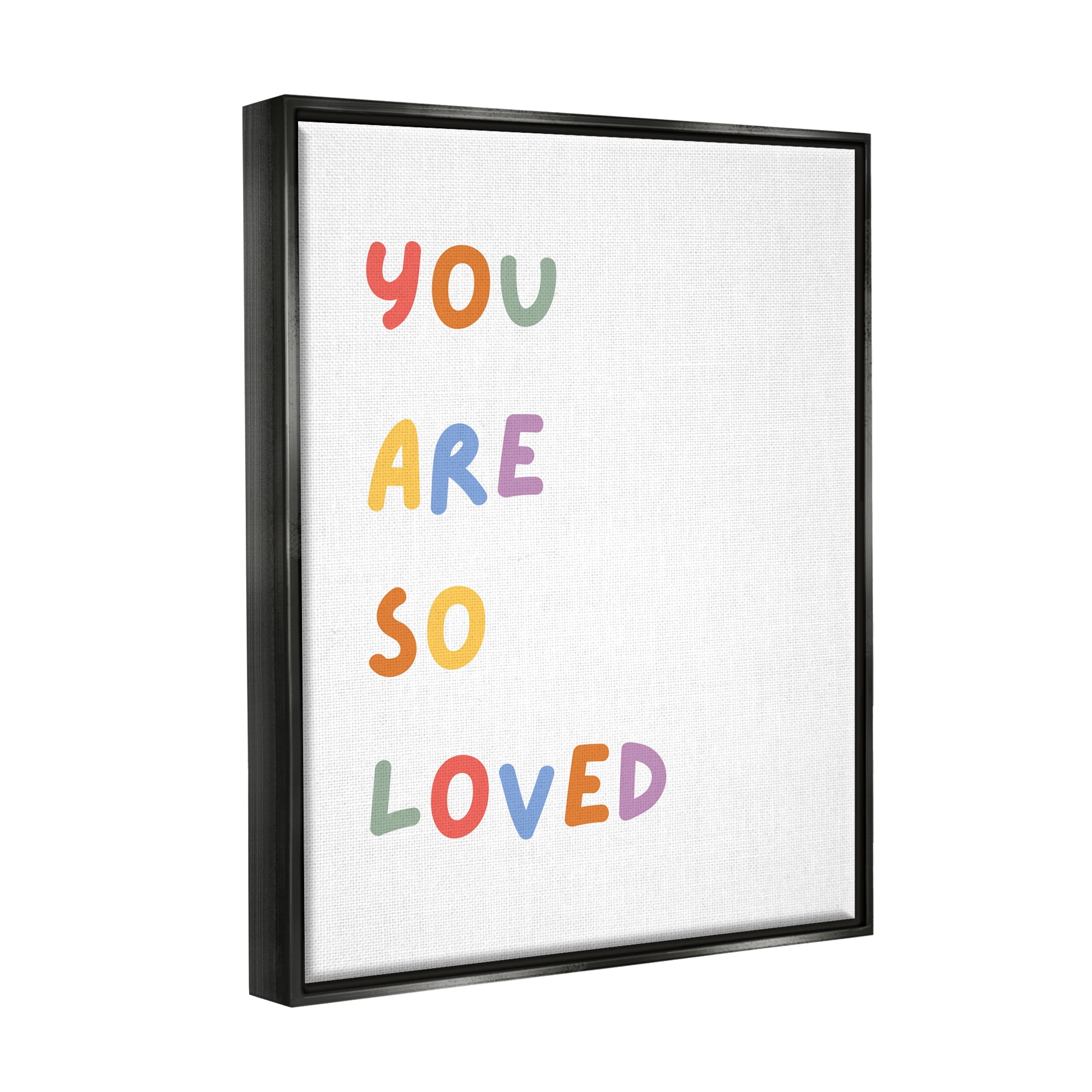 Stupell Industries So Loved Minimal Phrase Inspirational Painting Black Floater Framed Canvas Art Print Wall Art, 17 x 21
