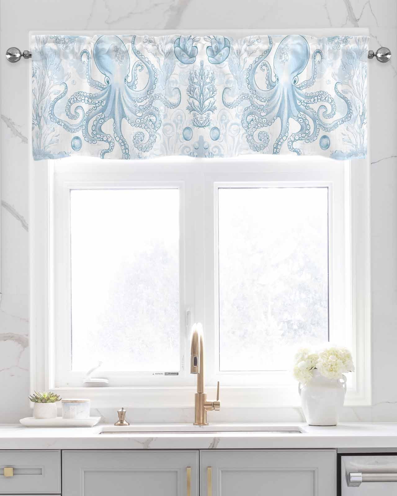 Blue Coastal Octopus Kitchen Valances for Windows Farmhouse Linen Window Valance Curtain for Living Room Window Treatment Summer Watercolor Coral Valance Rod Pocket Topper Drape, 54 x 18 Inch