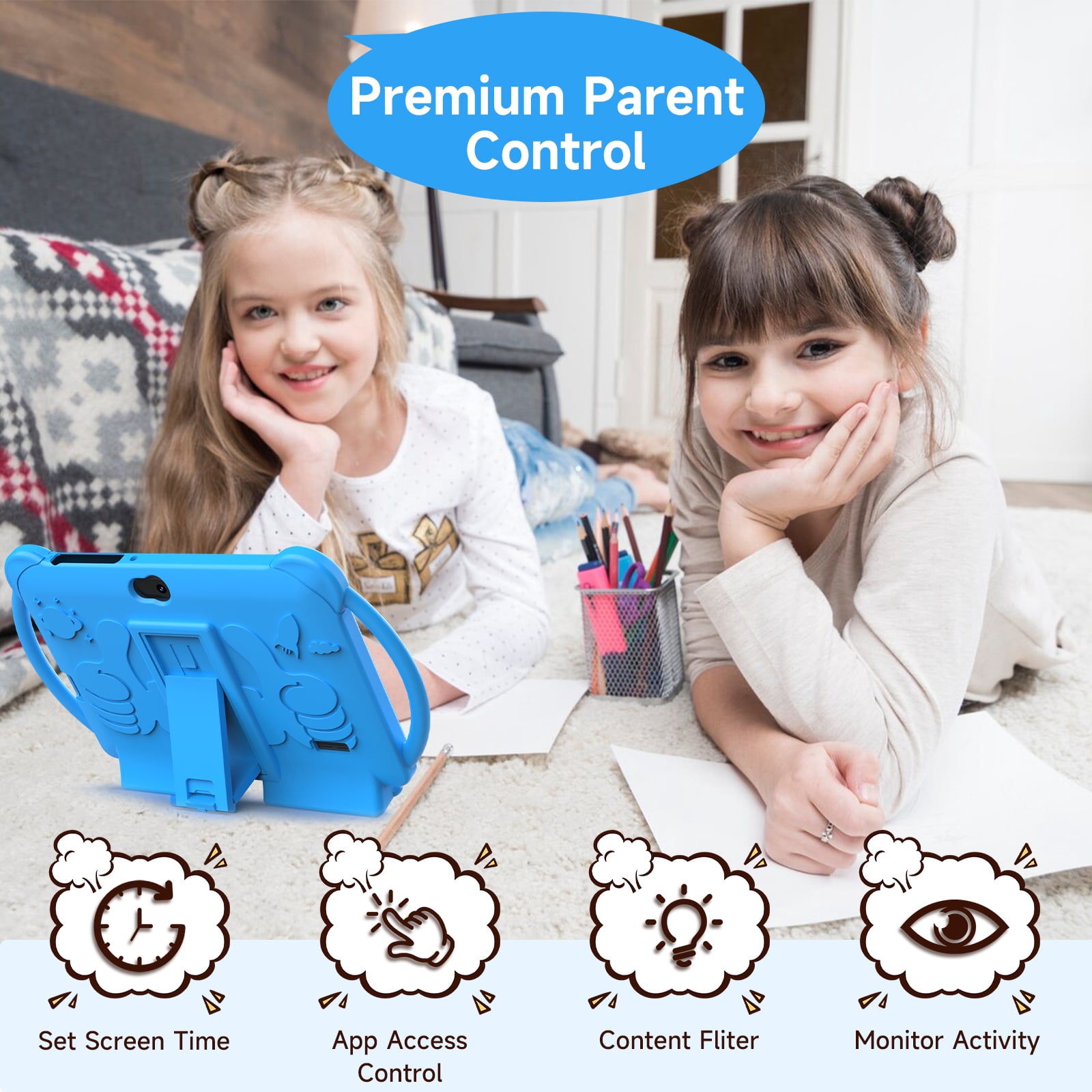 Kids Tablets 7 inch, Android 12 Tablet for Kids, 4GB RAM 32GB ROM, 512GB Expandable, with Parental Control, Google Certified Toddler Tablet, WiFi, Bluetooth, Dual Camera with Silicone Case,Blue