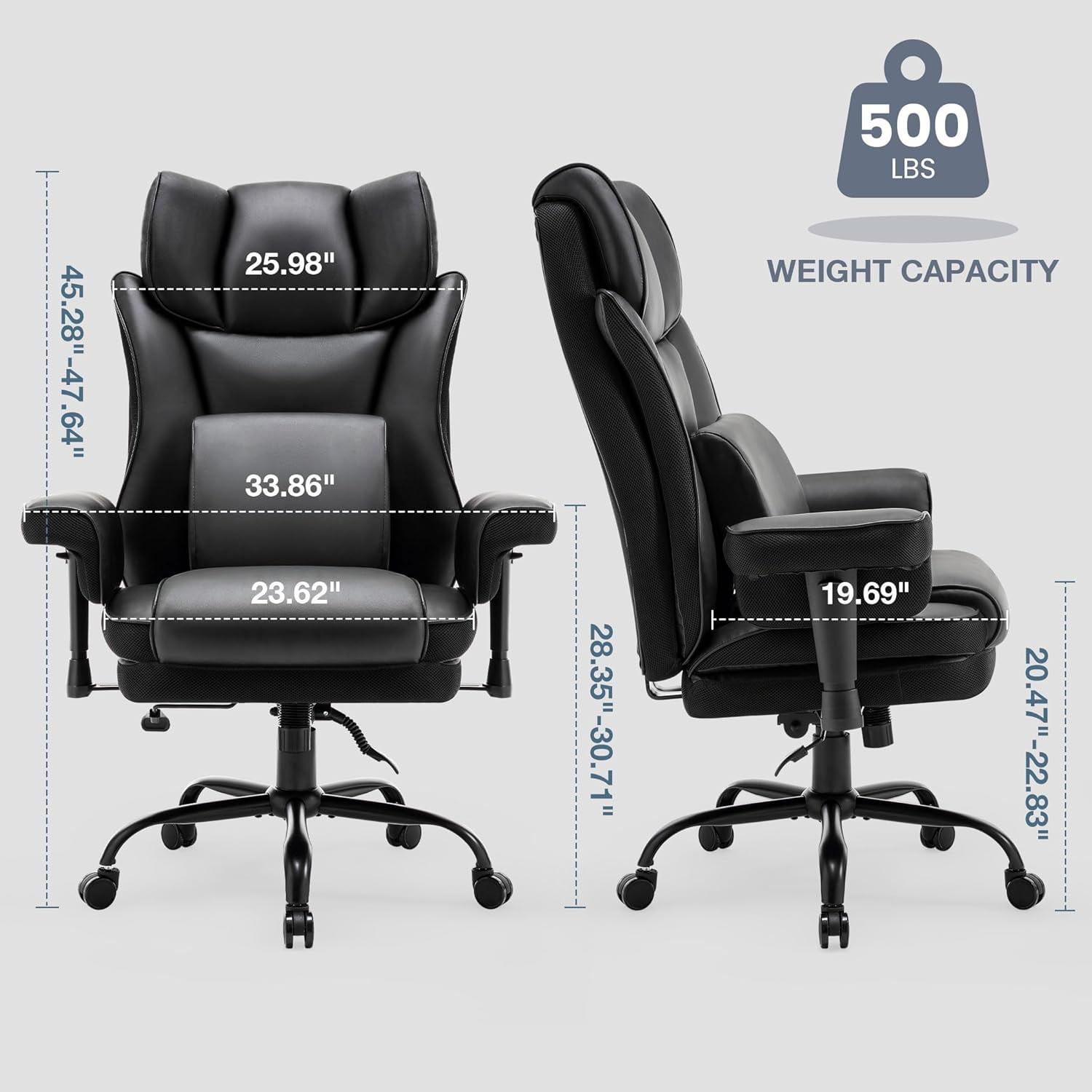 Big and Tall Office Chair, 500lbs Rocking Massage High Back Desk Chair, Ergonomic Executive Office Chair with Adjustable Padded Armrest and Lumbar Support, Adjustable Height(Dark Black)