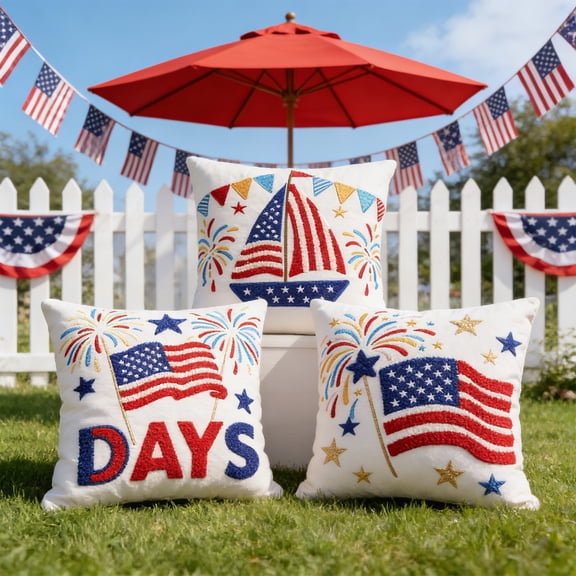 Independence Day Embroidered Throw Pillow, with Pillow Insert Canvas Cushion for Outdoor Indoor Home Decor Couch Sofa Bed Patio 4th of July Patriotic Holiday Decorative Pillow, 18*18in, B
