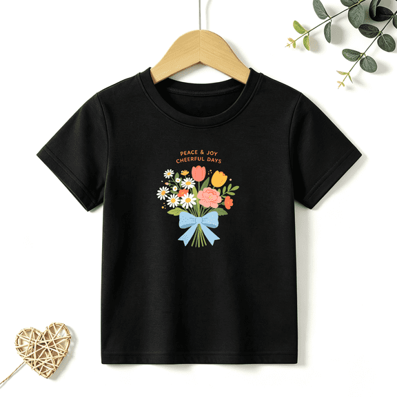 Girls Graphic Tees Flower Bouquet Floral Kids T Shirt Peace Joy 100% Cotton Short Sleeve Soft Tops 4-13Y