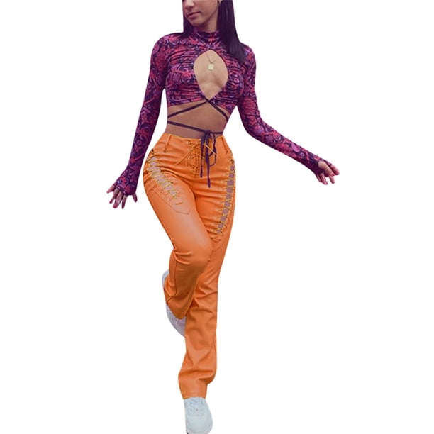 SAYOO - Pantalones de piel para mujer, ajustados, rectos, informales, a la moda, de cintura alta SAYOO S-XL