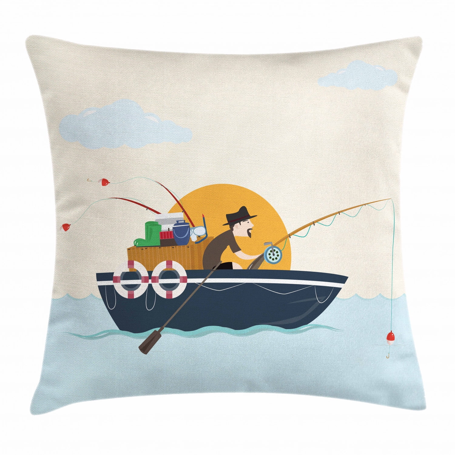 Vintage Boat Throw Pillow Cushion Cover, Man Fishing on the Boat at