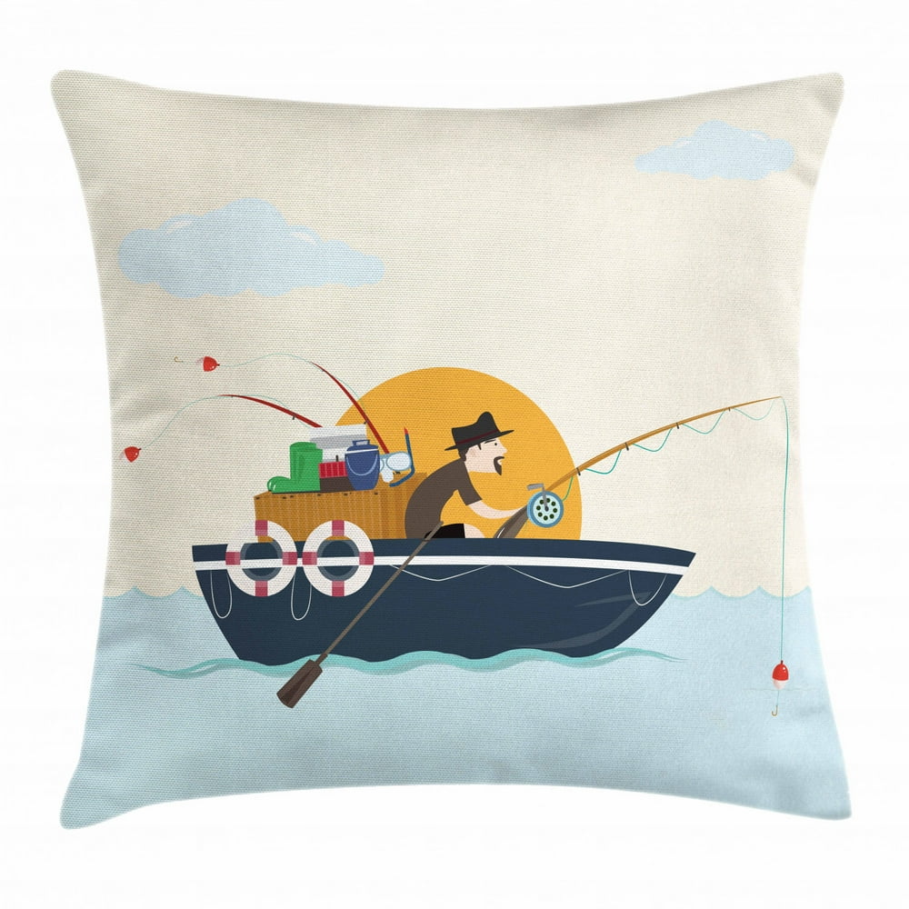 Vintage Boat Throw Pillow Cushion Cover, Man Fishing on the Boat at