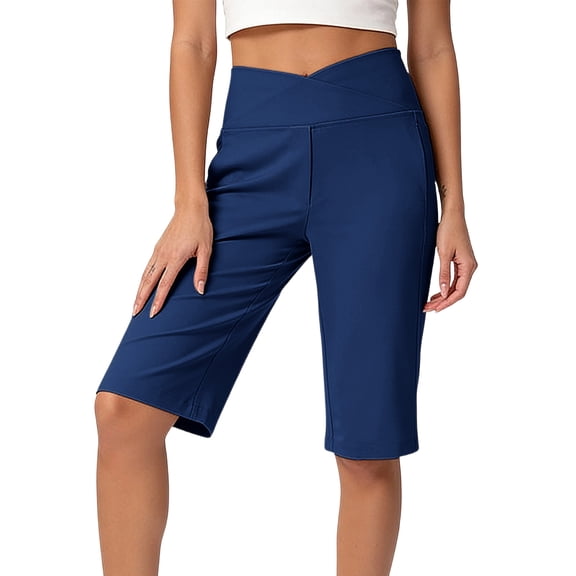 ADSSDQ Women's Bermuda Long Shorts High Waisted Knee Length Shorts Summer Athletic Running Shorts with Pockets Navy M